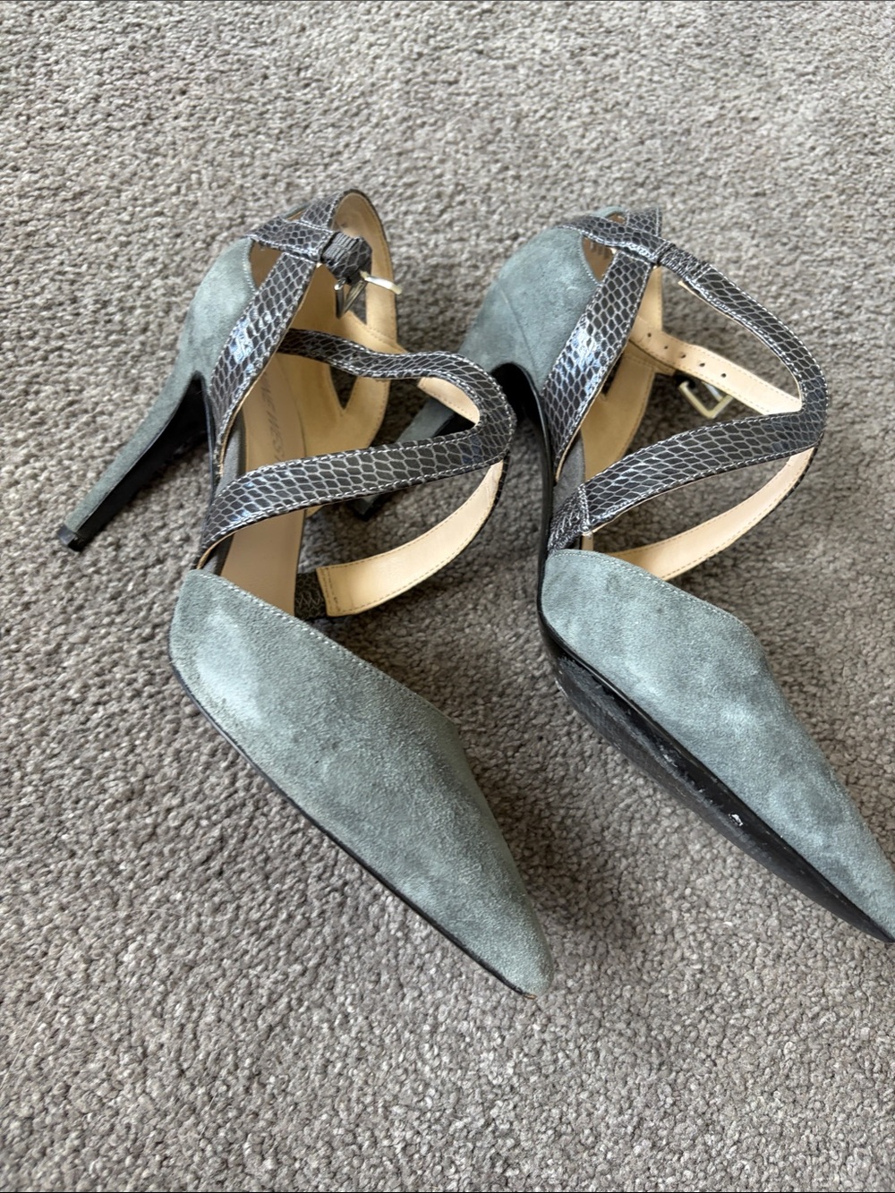 Nine West Pointed-Toe Suede Heels with Snakeskin Crisscross Straps - Gray - Picture 4 of 10